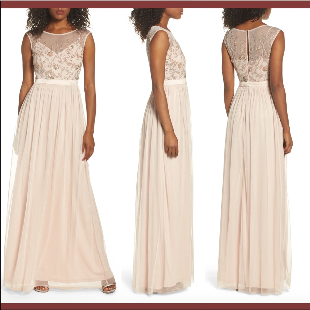 NEW $249 Adrianna Papell Beaded‎ Mesh Gown in Shell [PETITE SZ 8P ] #E666